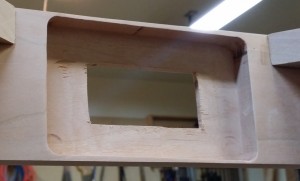 Close-up of the mortise in the outlet plate that will receive the wiring box later.