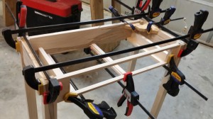 My glued-up table frame, showing the drawer supports and guide strip.
